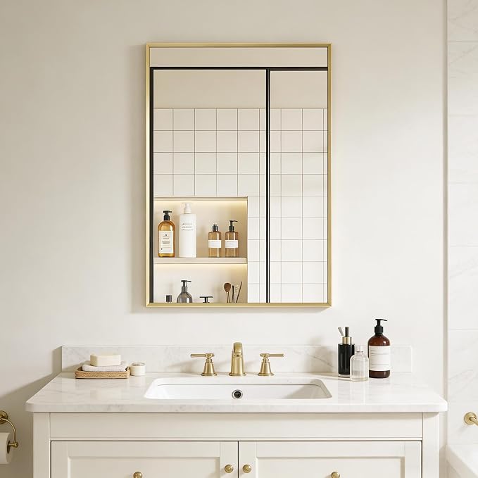 Bathroom Mirror 36" x 24" Brushed Gold Beveled Framed Mirror for Over Sink | Rectanglar Modern Farmhouse Wall Mirror, Tempered Glass, Anti-Rust, Hangs Horizontally or Vertically