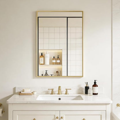 Bathroom Mirror 36" x 24" Brushed Gold Beveled Framed Mirror for Over Sink | Rectanglar Modern Farmhouse Wall Mirror, Tempered Glass, Anti-Rust, Hangs Horizontally or Vertically