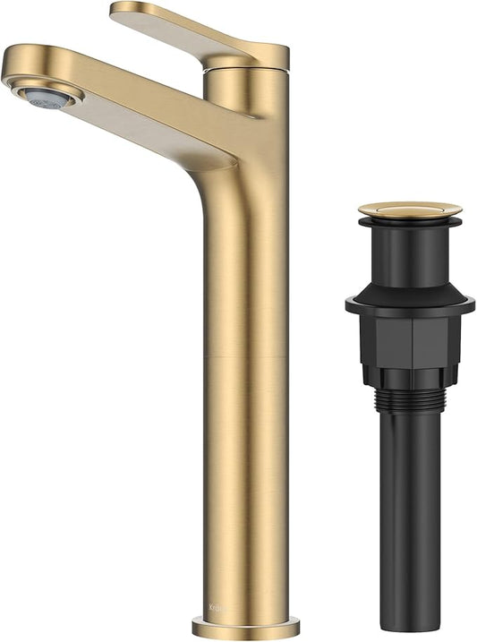 Gold faucet with black drain on a white background