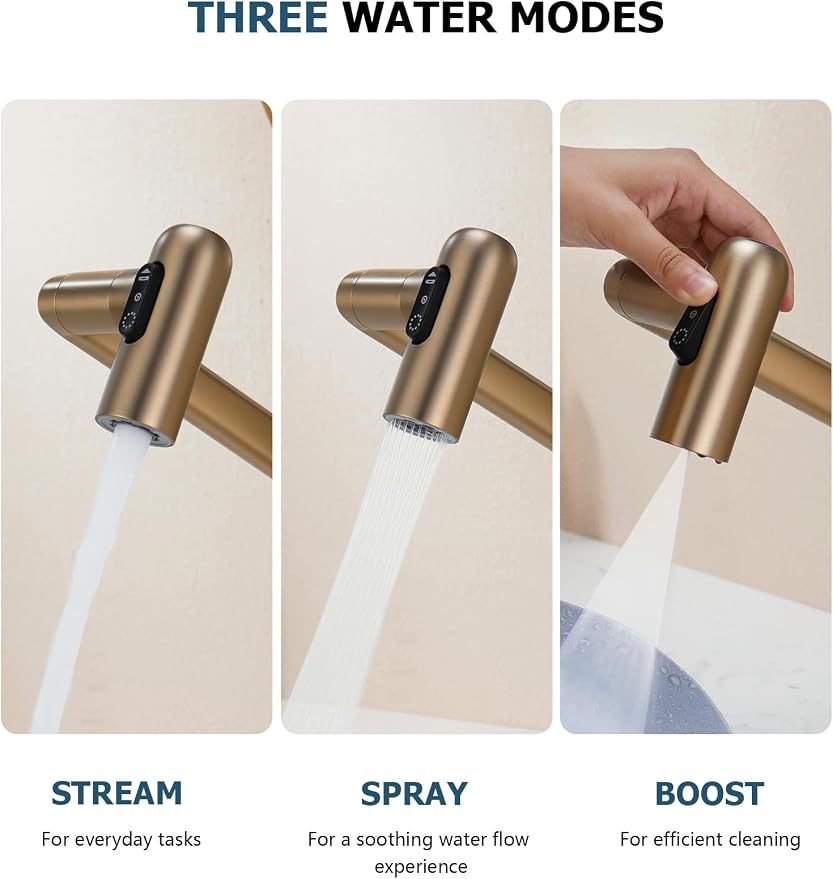 Rotatable Bathroom Faucet with Temperature Display in Fahrenheit (Batteries-Free), 3 Water Outlet Modes, Brushed Copper