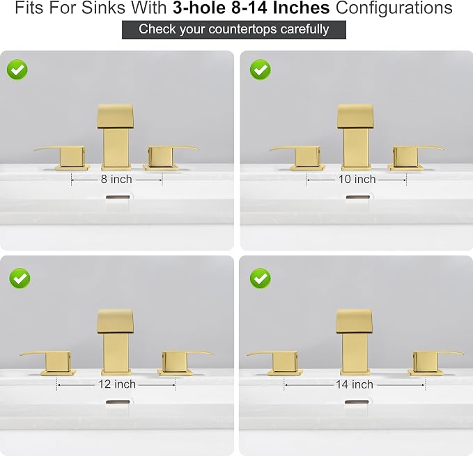 8 Inch Waterfall Bathroom Faucets 3 Hole - Brushed Gold Widespread Bathroom Faucet with Pop-up Drain, Two Handles Bathroom Sink Faucet, Modern Vanity Sink faucets with Supply Lines