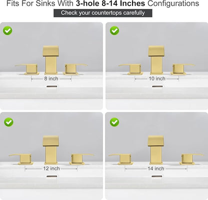 8 Inch Waterfall Bathroom Faucets 3 Hole - Brushed Gold Widespread Bathroom Faucet with Pop-up Drain, Two Handles Bathroom Sink Faucet, Modern Vanity Sink faucets with Supply Lines
