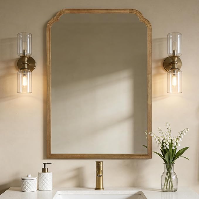 28" x 40" Wood Bathroom Mirror for Wall Mounted, Rustic Rounded Corner Vanity Mirror for Entryway, Living Room or Bedroom Home Decorative [28" x 40" Natural Color]