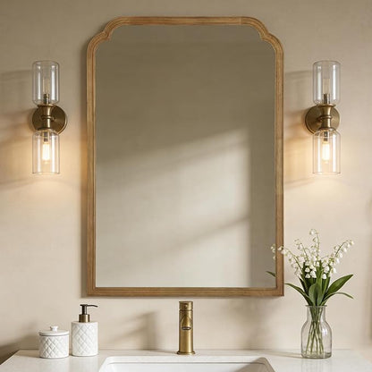 28" x 40" Wood Bathroom Mirror for Wall Mounted, Rustic Rounded Corner Vanity Mirror for Entryway, Living Room or Bedroom Home Decorative [28" x 40" Natural Color]