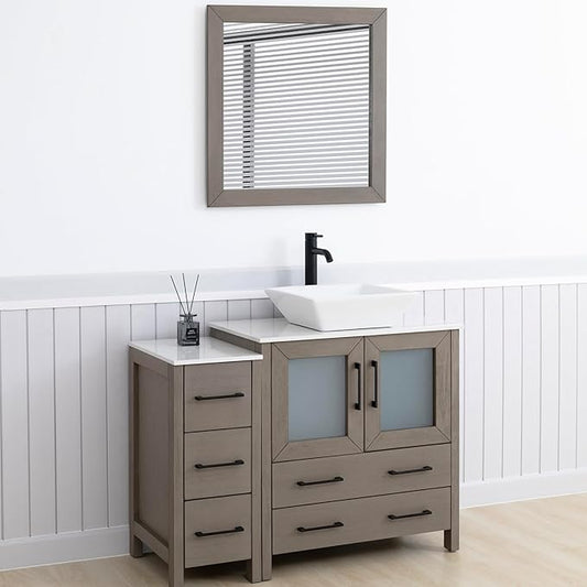 Vanity Art 42 Inch Vessel Single Sink Bathroom Vanity Cabinet with 1 Mirror, Engineered Marble Top Bathroom Cabinet Compact Set with 5 Dovetail Drawers and Soft Closing Doors, VA3130-42DG