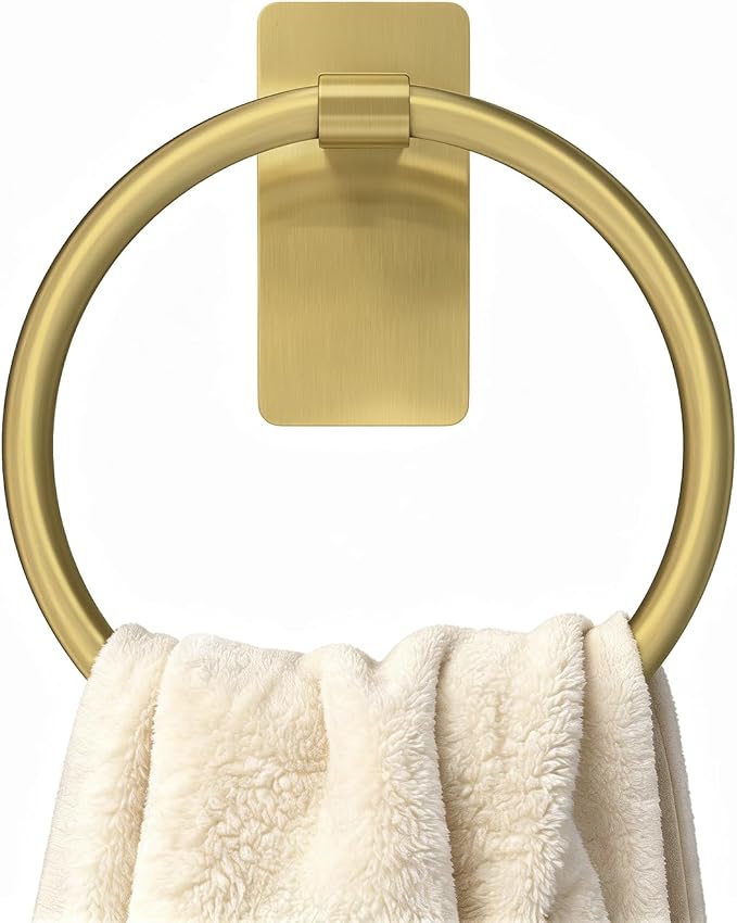 STWWO Gold Towel Ring for Bathroom, Adhesive Hand Towel Holder for Bathroom, Kitchen, No Drill | for Bath RV Kitchen, Self Adhesive Wall Mounted, No-Drill Stick On, Brushed Gold