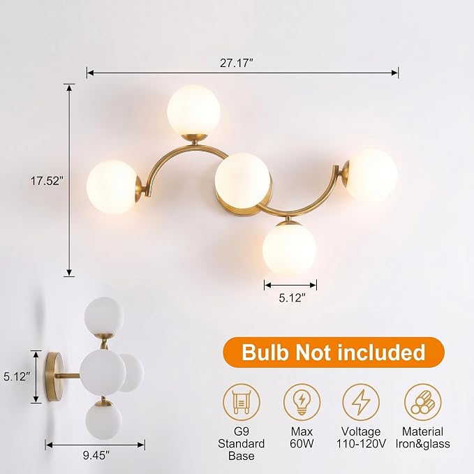 Mieloxiy 5-Light Gold Bathroom Vanity Light, Modern Mid Century Bathroom Light Fixtures Over Mirror with Milk Glass Globe Shades, G9 Wall Sconce for Vanity, Bedroom, Hallway, Bulbs Not Included