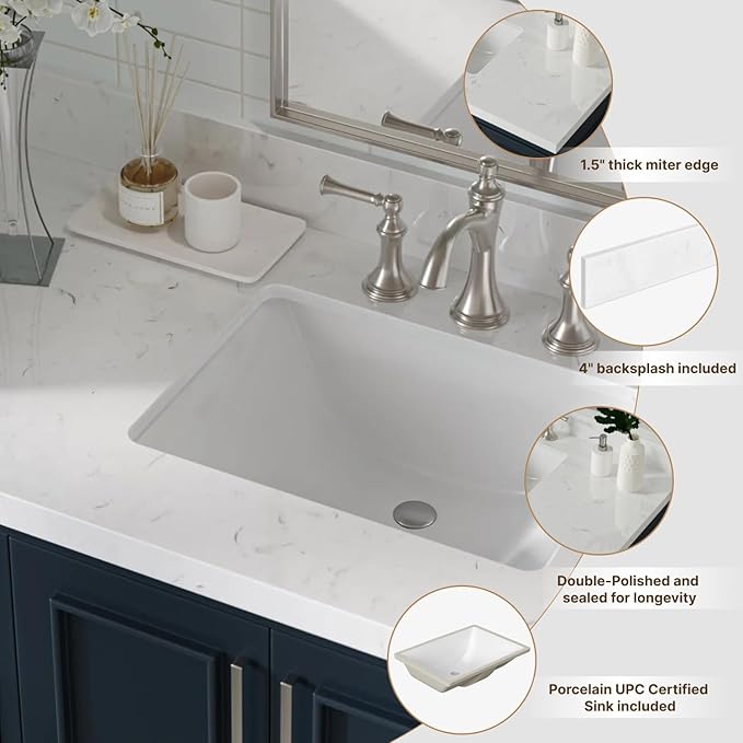 ARIEL 36 inch Bathroom Vanity top with Sink, 1.5 Inch Thick Miter Edge Carrara White Quartz top, Right Offset Vanity top with Rectangle Porcelain Sink, Includes Backsplash