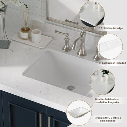 ARIEL 36 inch Bathroom Vanity top with Sink, 1.5 Inch Thick Miter Edge Carrara White Quartz top, Right Offset Vanity top with Rectangle Porcelain Sink, Includes Backsplash