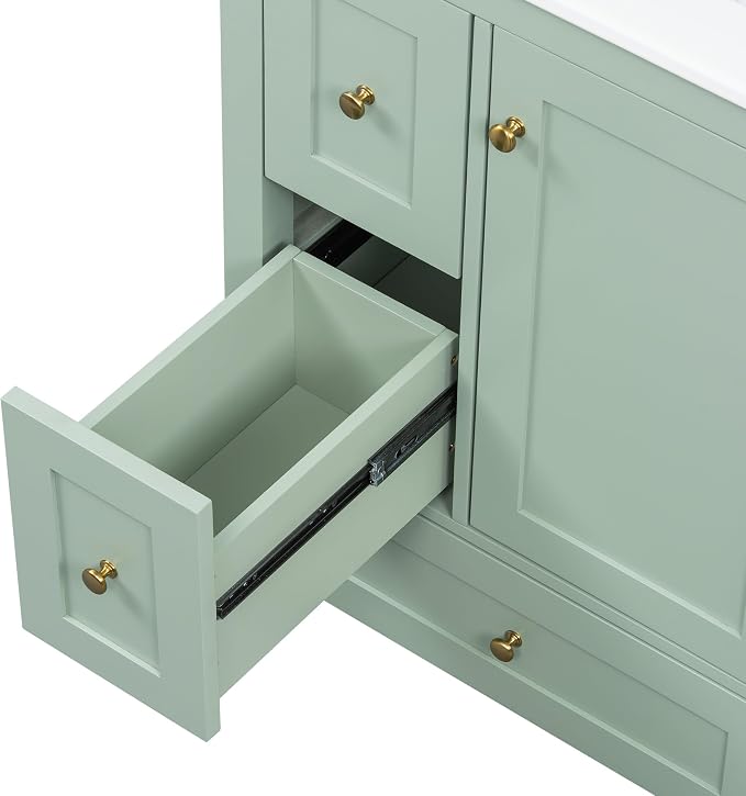 24" Bathroom Vanity with Ceramic Sink,Undermount Single Basin Bath Vanity Set w/3 Drawers and Adjustable Shelf,Modern Freestanding Storage Cabinet,MDF & Rubberwood,Green