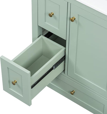24" Bathroom Vanity with Ceramic Sink,Undermount Single Basin Bath Vanity Set w/3 Drawers and Adjustable Shelf,Modern Freestanding Storage Cabinet,MDF & Rubberwood,Green