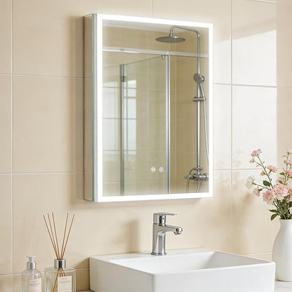 WallBeyond 20 x 28 LED Bathroom Medicine Cabinet, Square Lighted Mirror Cabinet with 3-Color Dimmable Lighting, Memory Function & Anti-Fog, Recessed or Surface Mount Installation
