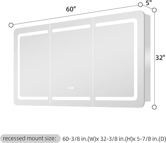 60''x32'' LED Bathroom Mirror Cabinet with Lights, Wall Mounted or Recessed Medicine Cabinet, Dimmable Front& Anti-Fog, Adjustable Shelves, Modern Aluminum Storage Cabinet (60x32 in | 3 Doors)