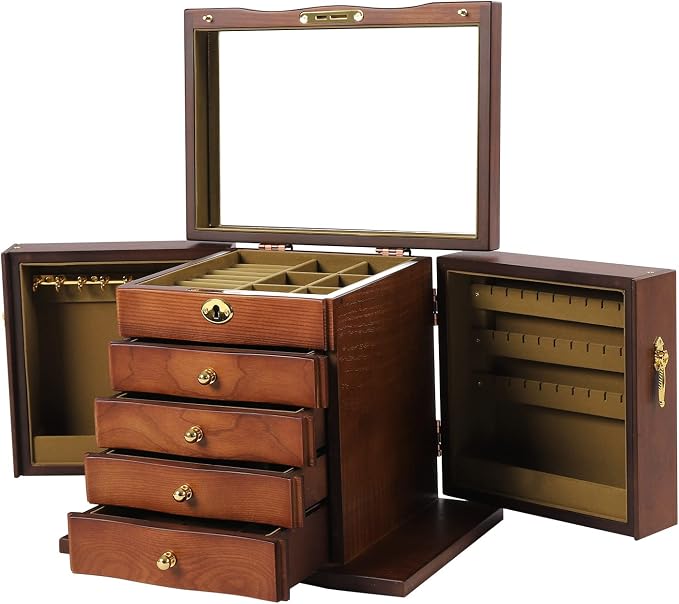 Extra Large 5 Layers Wooden Jewelry Box Jewelry Case Cabinet Armoire Ring Necklacel Gift Storage Box Organizer(5 Layers,W/mirror,Brown)