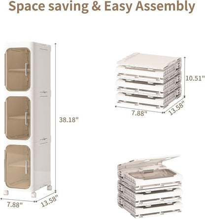 3 Tier Slim Bathroom Storage Cabinet, Foldable and Movable, Beige | Tools Free, ABS and PET, Magnetic Clear Door, Adjustable Shelves, Lockable Wheels, Water Resistant, For Narrow Space