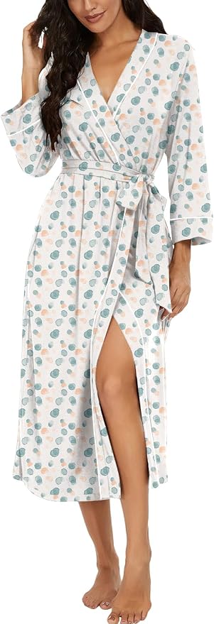 PrinStory Robes for Women 3/4 Sleeve Long Bath Robe XS-4XL | V-Neck Knit Bathrobe with Pockets, Lightweight, Soft, Breathable Robes for Shower, Spa, Travel, Home, Party, Nursing