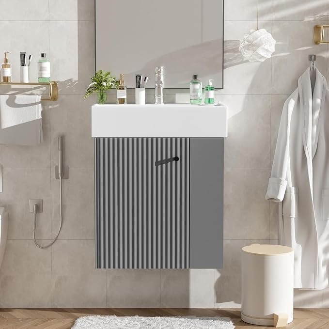22" Small Bathroom Vanity with Sink, Floating Vanity for Bathrooms with Soft-Close Door and Open Shelf, Wall Mounted Narrow Bathroom Vanities for Compact Bathrooms (Gray,22" Floating Right Shelf)