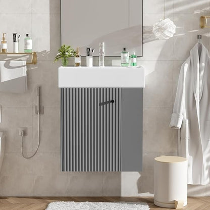 22" Small Bathroom Vanity with Sink, Floating Vanity for Bathrooms with Soft-Close Door and Open Shelf, Wall Mounted Narrow Bathroom Vanities for Compact Bathrooms (Gray,22" Floating Right Shelf)