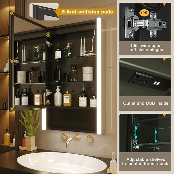 KWW LED Lighted Bathroom Medicine Cabinet with Sockets & USBs, Defogger, Dimmable, 3 Color Light Makeup Mirror, Easy to Install, Wall Mounted Cabinet (Left hinge-21 * 34)