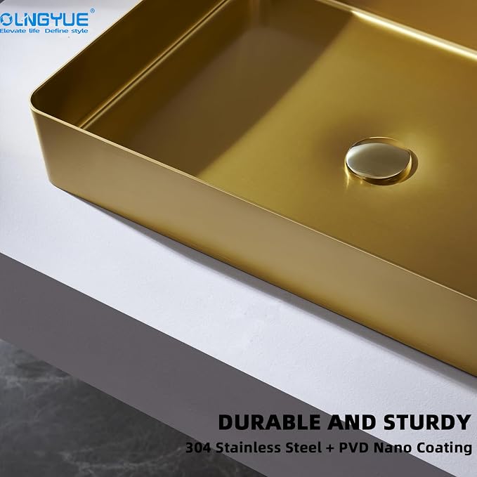 Brushed Gold Bathroom Vessel Sink: 20"x14" Rectangular Vanity Washbasin | Modern Above Counter Sinks with Stainless Stee PVD Coating Pop Up Drain for Home Hotel Office Toilet Renovation Decoration