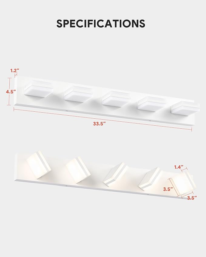VONLUCE LED Modern Bathroom Vanity Light Fixture, Matte White | 34'', 5-Light, 3CCT, 360° Rotate, High CRI, Flicker-free, Dimmable, Memory Function, Waterproof IP44, Easy Installation