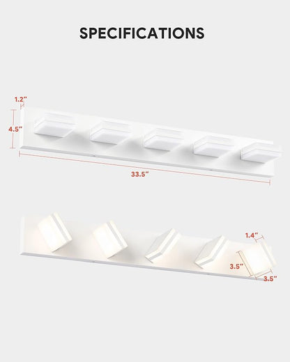 VONLUCE LED Modern Bathroom Vanity Light Fixture, Matte White | 34'', 5-Light, 3CCT, 360° Rotate, High CRI, Flicker-free, Dimmable, Memory Function, Waterproof IP44, Easy Installation