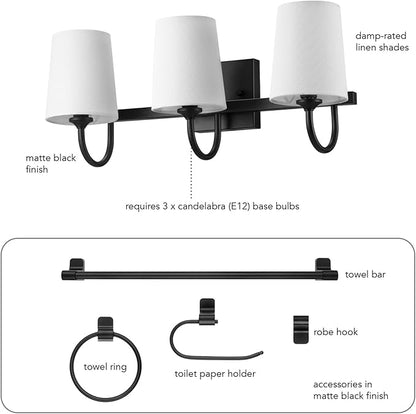 Globe Electric 63000206 5-Piece All-in-One Bathroom Set, 3-Light Vanity Light, Matte Black, Linen Shades, Towel Bar, Robe Hook, Toilet Paper Holder, Towel Ring, Bathroom Lights Over Mirror