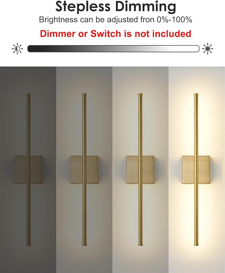 20.4 Inch Hardwired Wall Sconces Set of Two, 3000K Warm White Dimmable Modern Wall Sconces, 350° Rotate LED Light Fixtures Wall Lamp for Bathroom Living Room Bedroom Bedside, Brushed Brass