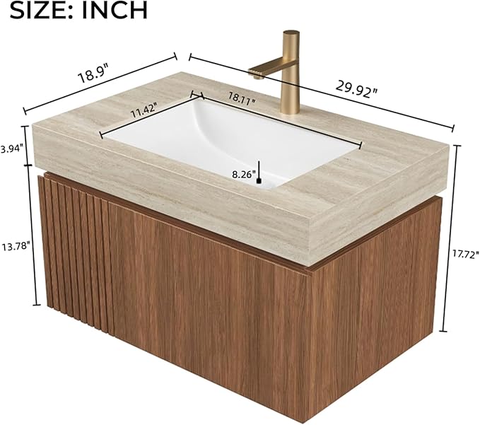 LKTART Floating 30 Inch Bathroom Vanity with Sink, Modern Plywood Wall Mounted Bathroom Storage Cabinet with 1 Door and 1 Drawer, Roma Travertine-Pattern Sintered Stone Countertop and Ceramic Basin