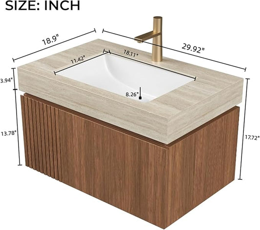 LKTART Floating 30 Inch Bathroom Vanity with Sink, Modern Plywood Wall Mounted Bathroom Storage Cabinet with 1 Door and 1 Drawer, Roma Travertine-Pattern Sintered Stone Countertop and Ceramic Basin