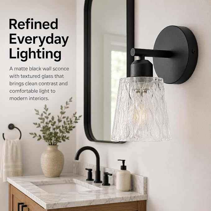 Black Bathroom Vanity Light Over Mirror, 1-Light Modern Vanity Light with Textured Glass Shade, Stainless Steel Backplate, E26 Socket (Bulb Not Included)