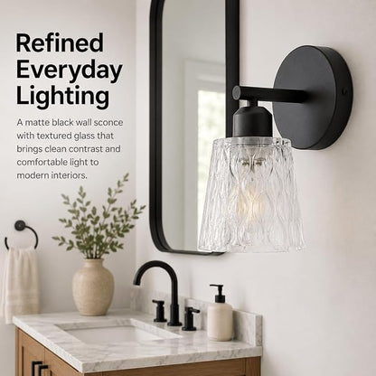 Black Bathroom Vanity Light Over Mirror, 1-Light Modern Vanity Light with Textured Glass Shade, Stainless Steel Backplate, E26 Socket (Bulb Not Included)