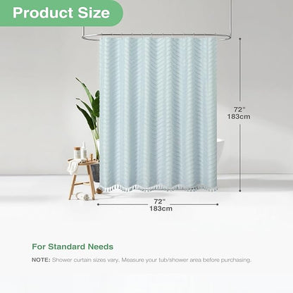 Dynamene Fog Blue Boho Fabric Shower Curtain, Tufted Chevron Striped Tassel Textured Shower Curtain for Bathroom, Farmhouse Elegant Waterproof Minimalist Cloth Shower Curtain Set, 12 Hook, 72x72