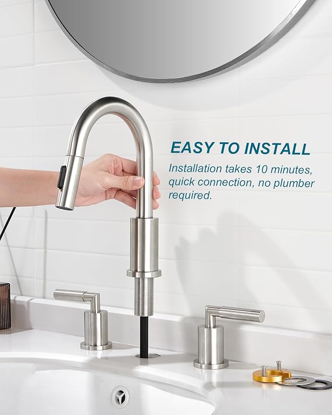 Tohlar Bathroom Faucet with Sprayer, Widespread Bathroom Faucets Brushed Nickel 8 Inch Basin Sink Tap 3 Holes, 2 Handle Vanity Faucet with Pull Out Sprayer Pop Up Drain Assembly Included