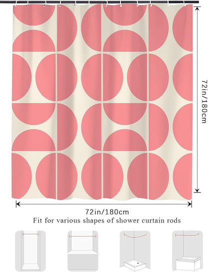 Pink Mid Century Modern Shower Curtain, Boho Abstract Geometric Retro Art Shower Curtains for Bathroom, Cute Semicircle Unique Pattern Polyester Fabric Bathroom Set 12 Hooks 72X72IN