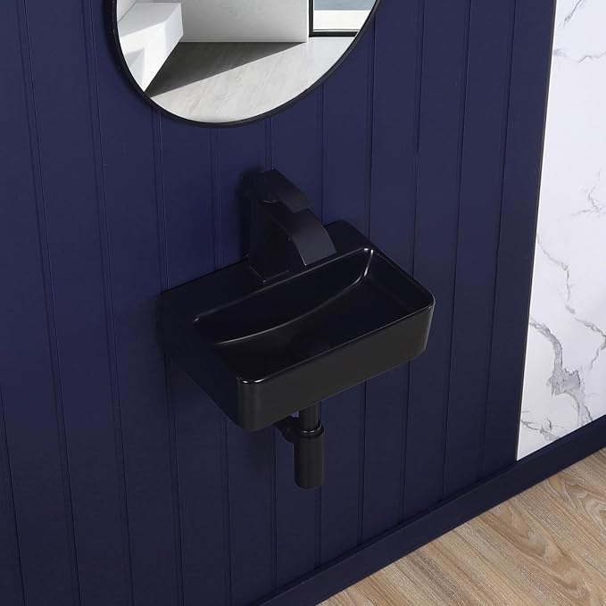 Small Wall Mount Bathroom Vessel Sink Matte Black 14"x10" Rectangular Floating Porcelain Ceramic Black Wall Hung Vanity Basin Sink for Tiny Home,RV,Bathroom