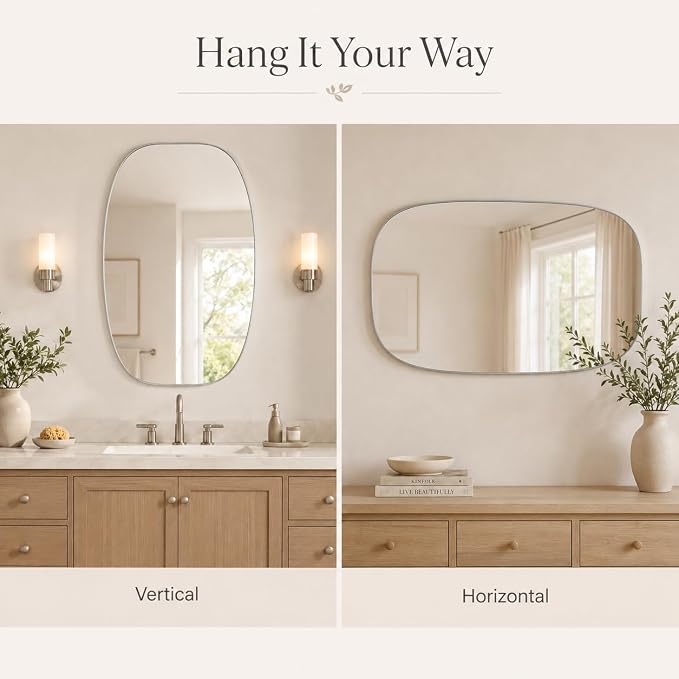 Silver Oval Bathroom Mirror 30x48 Inch | Oblong Vanity Mirror, Crystal-Clear HD Glass, Rust-Proof Aluminum Frame, Elegant Inner-Curved Edge, Modern Contemporary Style