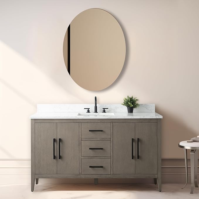 Vanity Art 60 inch Bathroom Vanity with Single Sink & Ceramic Top, Vanity Cabinet with Soft-Closing Doors, Drawers, Solid Wood Frame, Driftwood Gray, VA9060-SDG-MB1