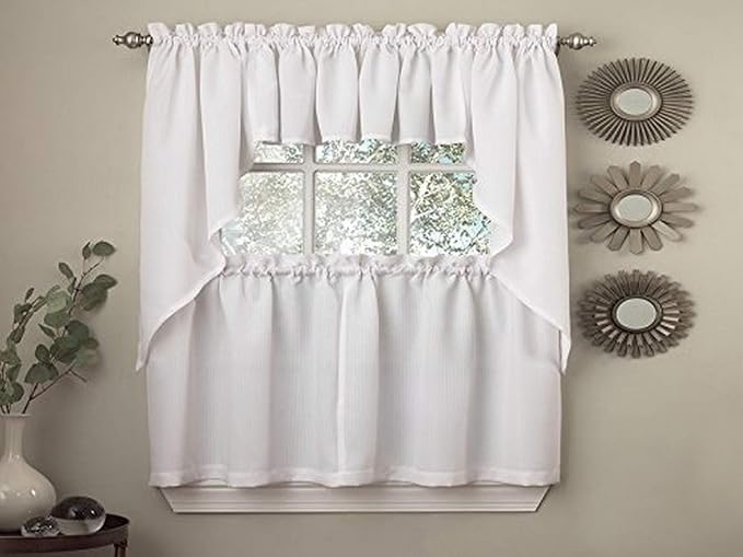 Sweet Home Collection Opaque Rib Cord Kitchen Curtains Swag Pair, Ribcord White
