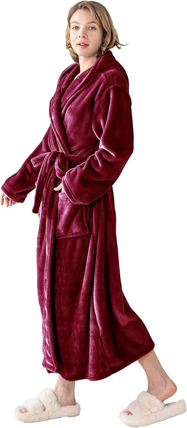Robes for Women - Hooded Plush Fleece Bathrobe with Sash & Pockets, Full-Length Lightweight Spa Robe