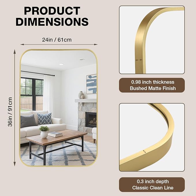 24"x36" Bathroom Mirror for Over Sink, Brushed Gold Rectangle Vanity Mirror | Aluminum Alloy Frame, Clear Reflection, Rust-Resistant, Vertical or Horizontal, Wall Mount, Bedroom and Entryway