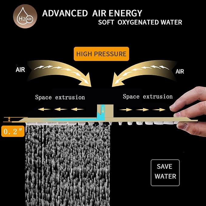 12 In Rain Shower Head High Pressure Rainfall Shower Head Brushed Gold | Square Rain Bathroom Showerhead, High Flow, Large Stainless Steel, Ceiling Mounted, Wall Mounted, Waterfall Full Body