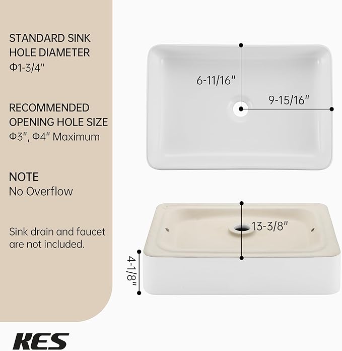 KES Bathroom Vessel Sink 20 Inch Above Counter Rectangular White Ceramic Countertop Sink for Cabinet Lavatory Vanity, BVS123S50
