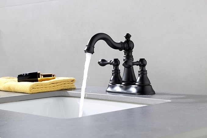 Two Handle Matte Black Bathroom Faucet 3 Hole with Pop up Drain Assembly, Classic 4 Inch Centerset Lavatory Faucet with 360° Swivel Spout,F-0048-MT