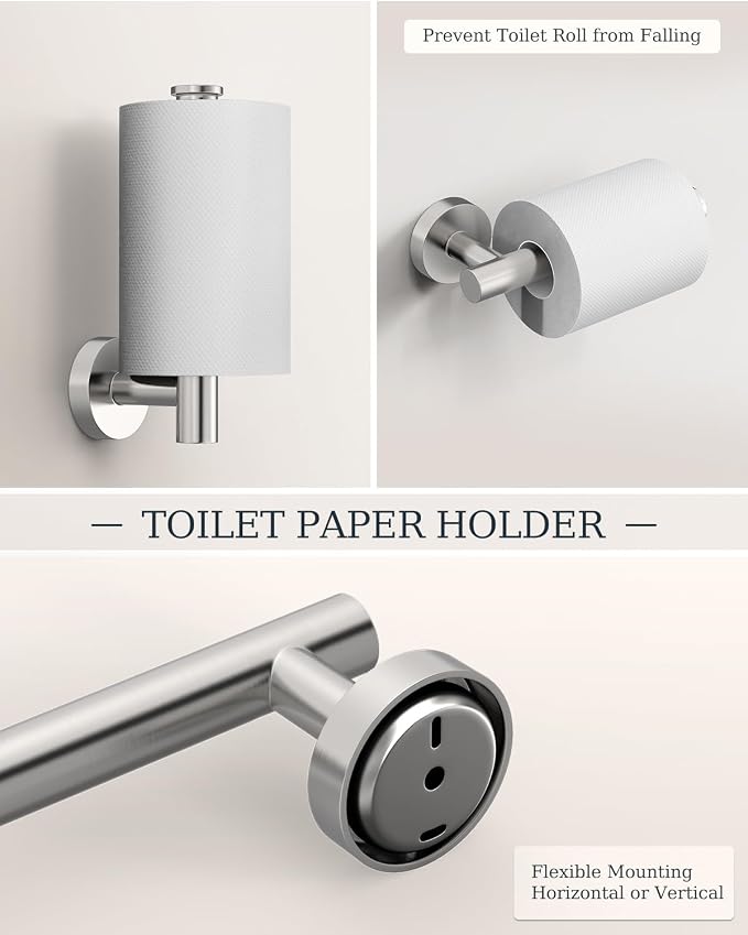 Brushed Nickel Bathroom Accessories Set SUS304 Stainless Steel 5 Pieces | Evolvegoods Bathroom Hardware Set, 26 Inch Bath Towel Bar Set, 2 Towel Hooks, Toilet Paper Holder, Towel Racks for Bathroom