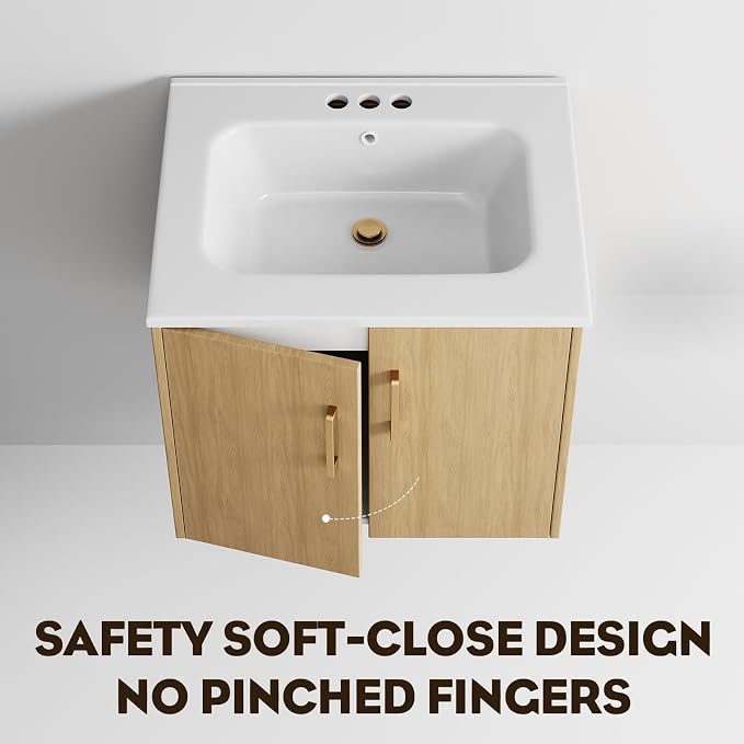 24 Inch Oak Floating Bathroom Vanity, Pre-Assembled Wall-Mounted Cabinet with 2 Soft-Close Doors & 3 Hole Ceramic Sink, No Faucet,BV08-24-OAK