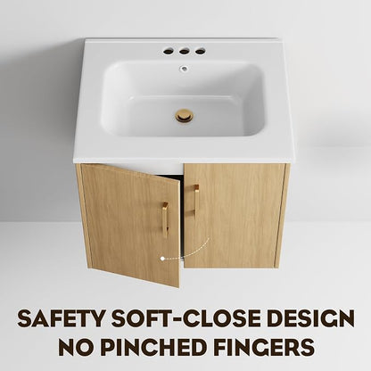 24 Inch Oak Floating Bathroom Vanity, Pre-Assembled Wall-Mounted Cabinet with 2 Soft-Close Doors & 3 Hole Ceramic Sink, No Faucet,BV08-24-OAK