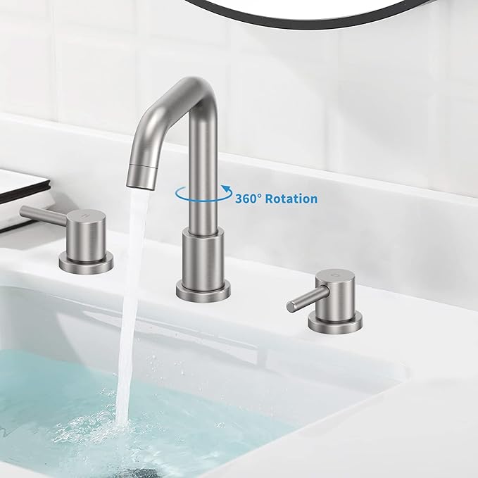 GAOMON Brushed Nickel Bathroom Faucet 3 Hole,8 Inch Bathroom Faucet with Metal Pop-up Drain Assembly, Two Handle Vanity Faucet with cUPC Supply Lines, 8" Widespread Bathroom Sink Faucet
