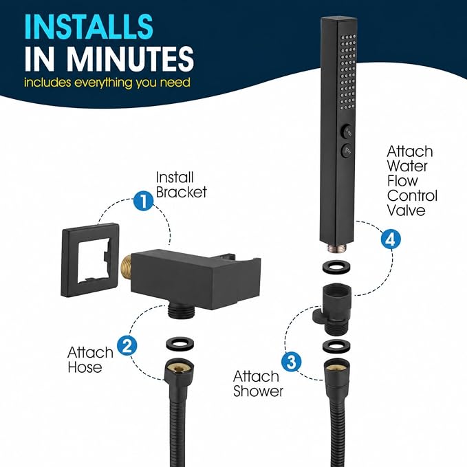 All-Metal High Pressure Square Handheld Shower Head with Jet Spray and Rainfall Modes, Volume Control Regulator, ON/OFF Switch, Hose and Wall Mounted Adjustable Bracket (Matt Black)