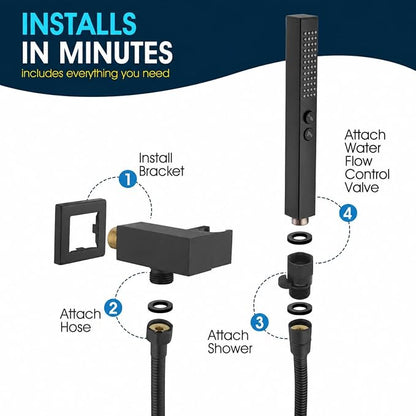All-Metal High Pressure Square Handheld Shower Head with Jet Spray and Rainfall Modes, Volume Control Regulator, ON/OFF Switch, Hose and Wall Mounted Adjustable Bracket (Matt Black)